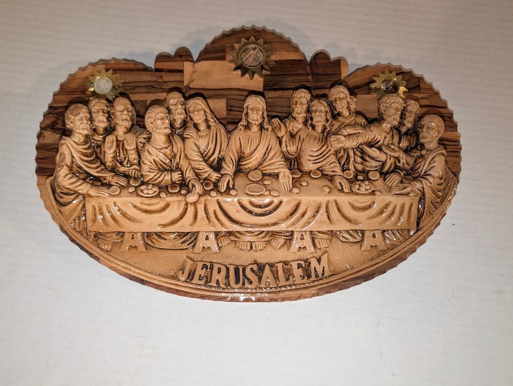 Vintage The Last Supper Wall Plaque Olive Wood Hand Made Blessed Home Christian